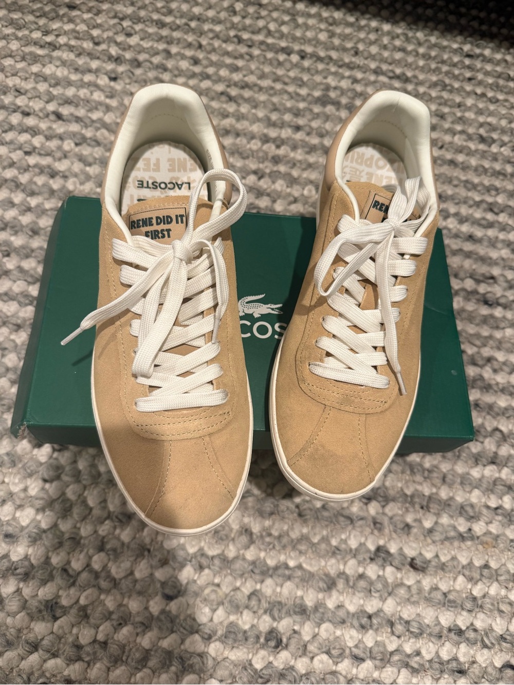 Lacoste Men's Beige Suede Low-Top Sneakers with White Laces